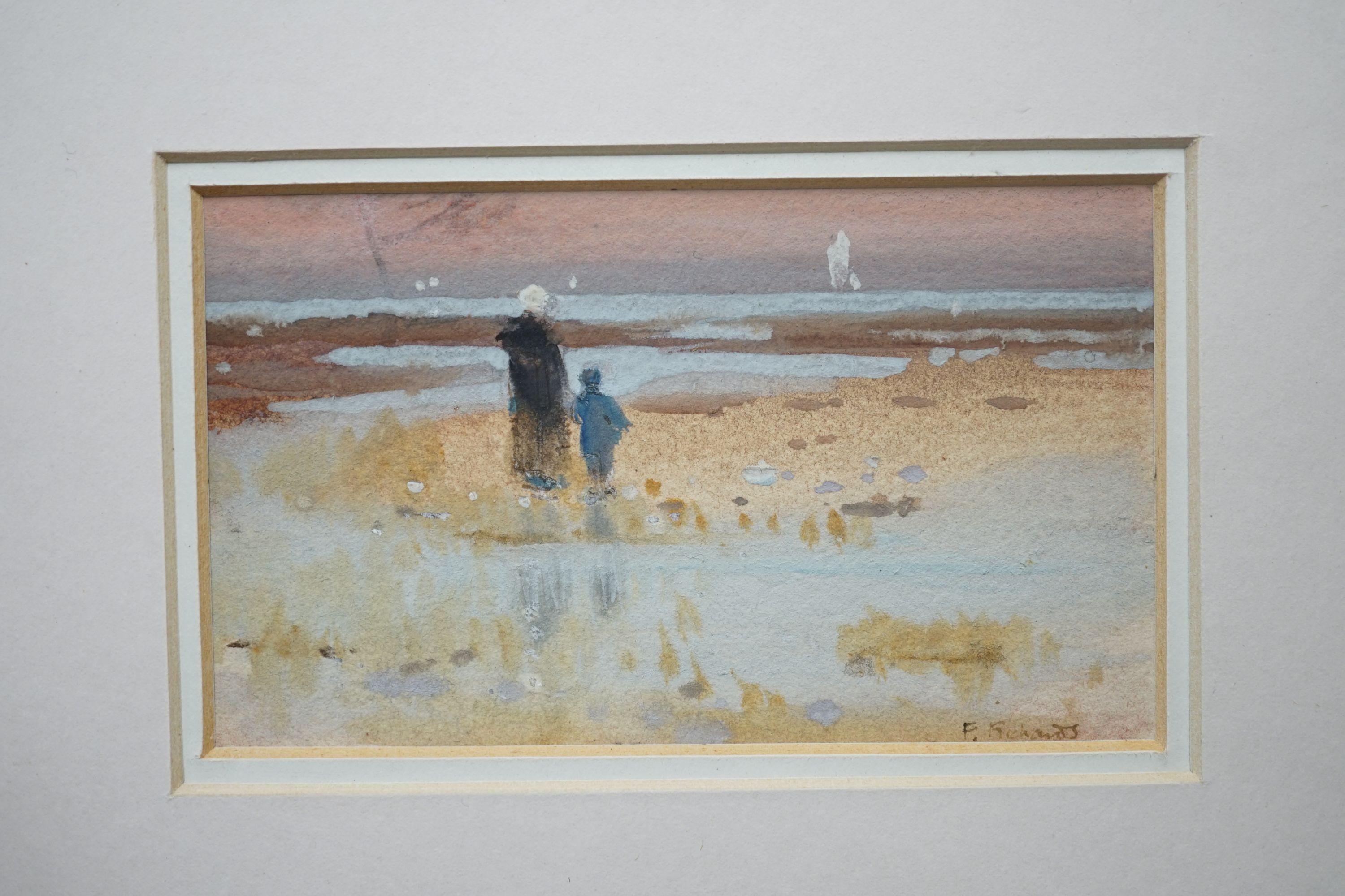F. Richards, five watercolours, Fisherfolk along the coast, two signed, 7 x 12cm